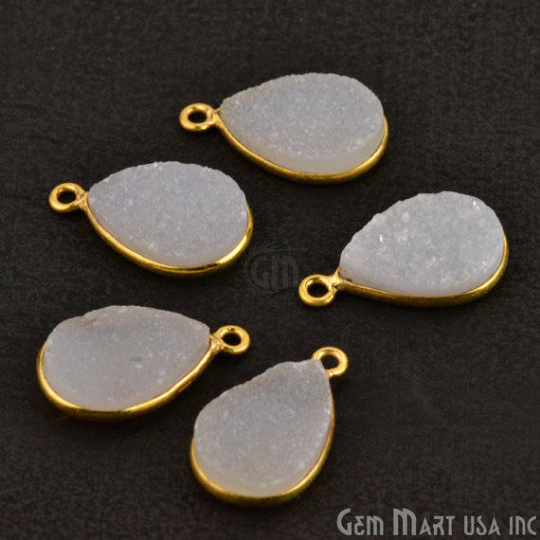 White Color Druzy Pears 10x14mm Single Bail Gold Bezel Gemstone Connector