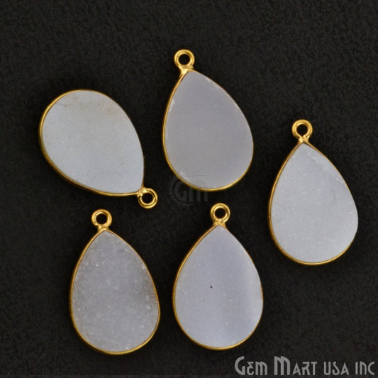 White Color Druzy Pears 13x18mm Single Bail Gold Bezel Gemstone Connector