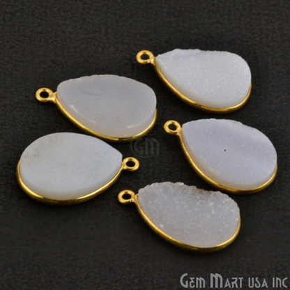 White Color Druzy Pears 13x18mm Single Bail Gold Bezel Gemstone Connector