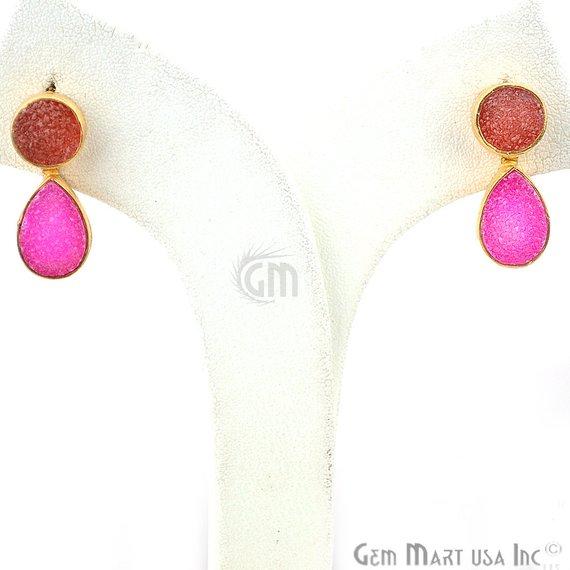 Double Druzy 24x9mm Gold Plated Dangle Stud Earrings (Pick your Gemstone) (90148-1) - GemMartUSA