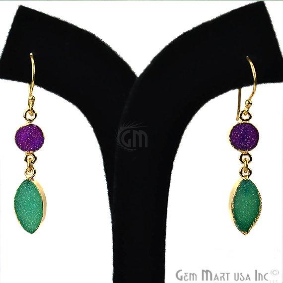 Double Druzy 48x8mm Gold Plated Dangle Hook Earrings (Pick your Gemstone) (90127-1) - GemMartUSA