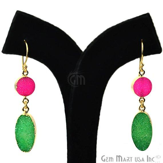 Double Druzy 52x10mm Gold Plated Dangle Hook Earrings (Pick your Gemstone) (90138-1) - GemMartUSA