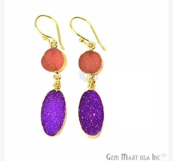 Double Druzy 52x10mm Gold Plated Dangle Hook Earrings (Pick your Gemstone) (90138-1) - GemMartUSA