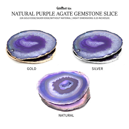 Purple Natural Gemstone Coaster, Agate Slice Coaster, Rock & Crystal Coaster, Organic/Silver/Gold Plated Drinkware