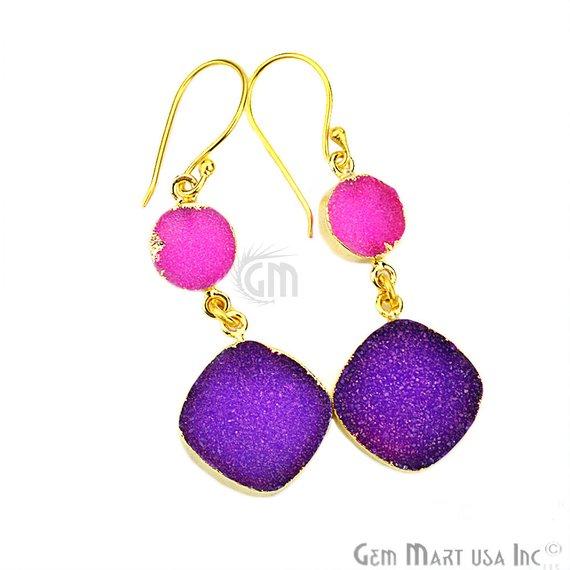 Double Druzy Stone 52x10mm Gold Plated Hook Earrings (Pick your Gemstone) (90117-1) - GemMartUSA