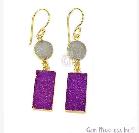 Double Druzy Stone 52x10mm Gold Plated Hook Earrings (Pick your Gemstone) (90136-1) - GemMartUSA