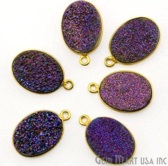 Titanium Druzy 12x16mm Oval Gold Plated Single Bail Gemstone Connector