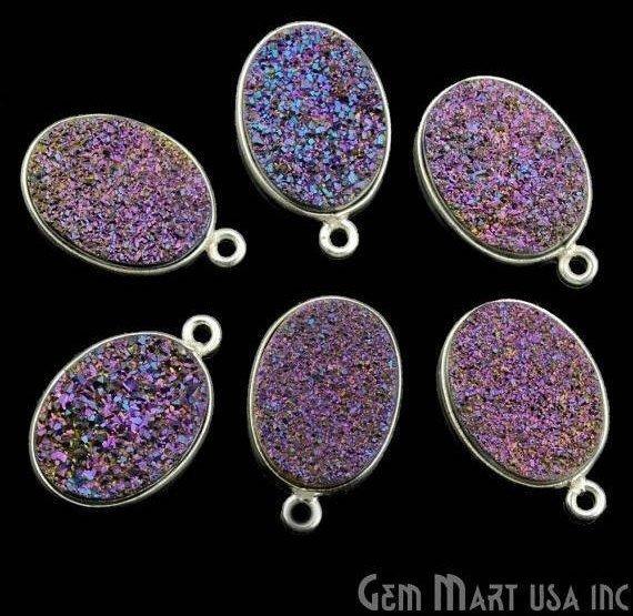 Titanium Druzy 12x16mm Oval Silver Plated Single Bail Gemstone Connector