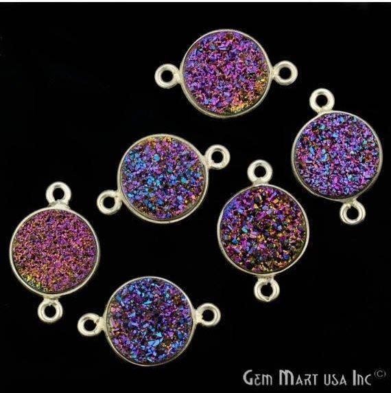 Natural Titanium Silver Druzy 12mm Round Double Bail Bezel Gemstone Connector