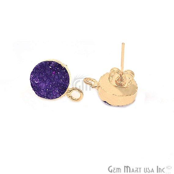 Round Shape 10mm Gold Plated Loop Connector Druzy Stud Earrings 1Pair (Pick your Gemstone) - GemMartUSA