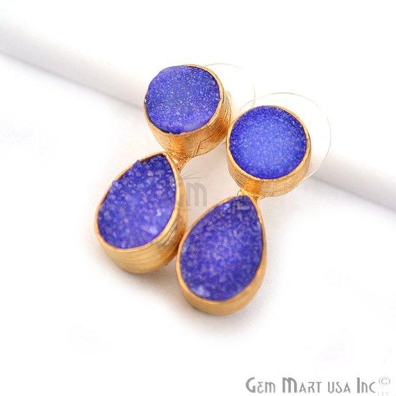 Double Druzy 24x9mm Gold Plated Dangle Stud Earrings (Pick your Gemstone) (90148-1) - GemMartUSA