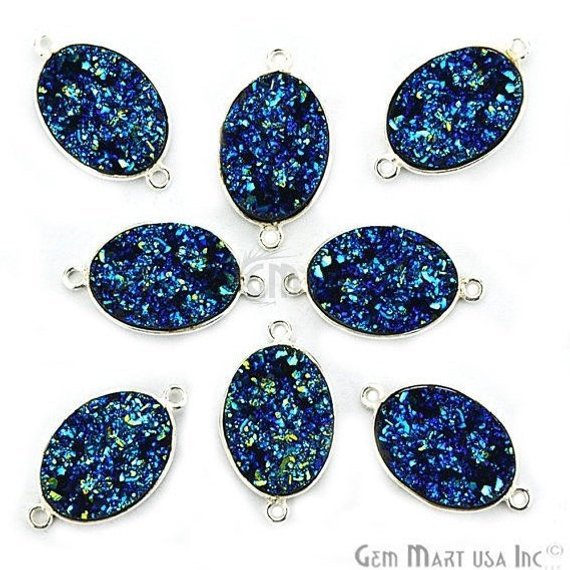 Synthetic Faux Druzy 13x18mm Oval Bezel Gemstone Connector (Pick Color, Bail, Plating) - GemMartUSA