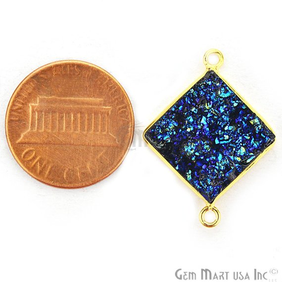 Blue Synthetic Faux Druzy 14mm Square Bezel Gemstone Connector (Plating) - GemMartUSA