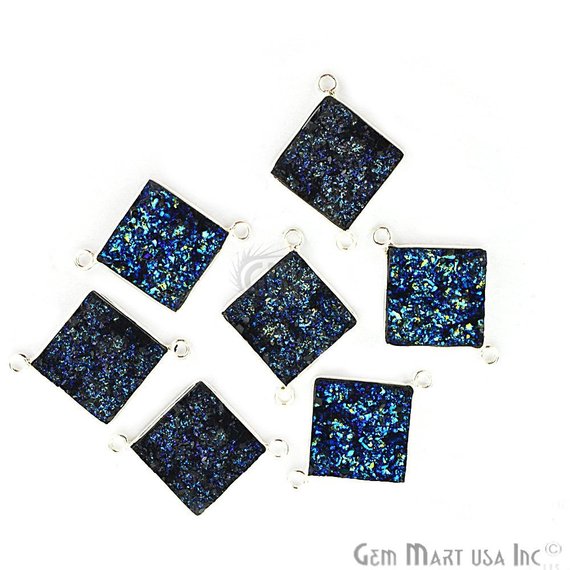 Blue Synthetic Faux Druzy 14mm Square Bezel Gemstone Connector (Plating) - GemMartUSA