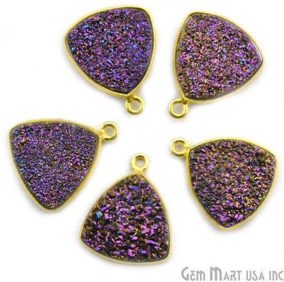 Natural Titanium Druzy 16mm Trillion Gold Plated Single Bail Gemstone Connector