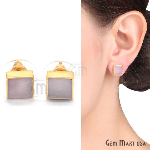 Square Shape Studs, 8mm Gold Plated Gemstone Studs Earring 1pc Choose Your Gemstone (90022-1) - GemMartUSA