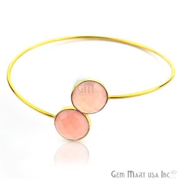 Round Shape Double Gemstone Adjustable Gold Plated Bangle Bracelet (Choose Gemstone) - GemMartUSA