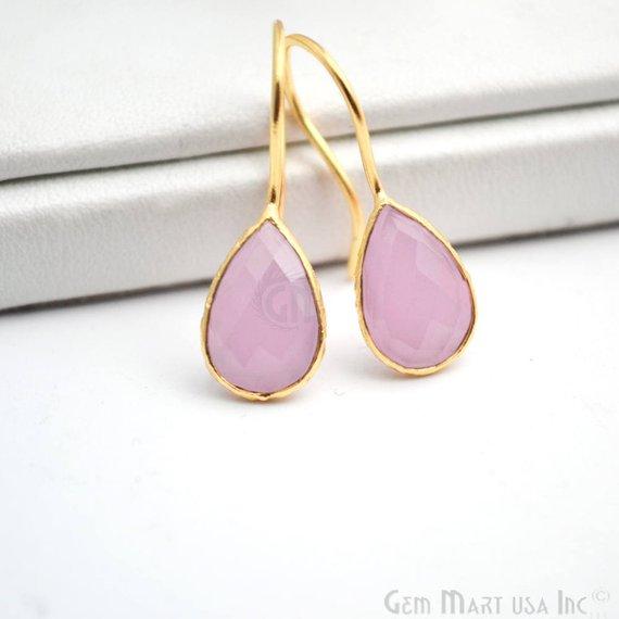 Rose Chalcedony Gold Plated 12x8mm Pears Shape Gemstone Dangle Hook Earring (RCER-90206) - GemMartUSA