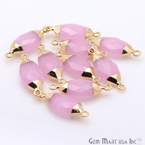 Rose Chalcedony Gold Electroplated 10x20mm Marquise Double Bail Gemstone Connector - GemMartUSA