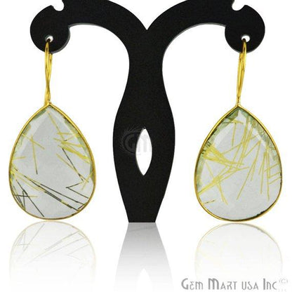 Rutilated Gold Plated 22x47mm Pears Shape Gemstone Dangle Hook Earring (RGER-90048) - GemMartUSA