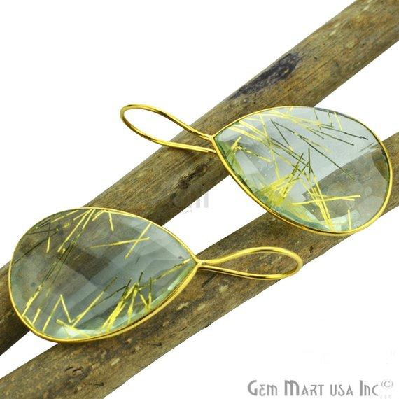 Rutilated Gold Plated 22x47mm Pears Shape Gemstone Dangle Hook Earring (RGER-90048) - GemMartUSA