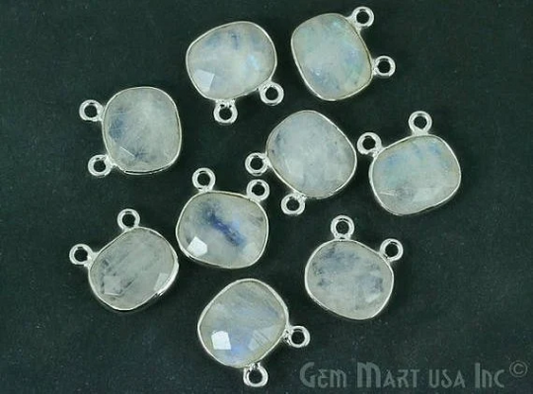 Rainbow Moonstone  Octagon 10x12mm Cat Bail Silver Bezel Gemstone Connector