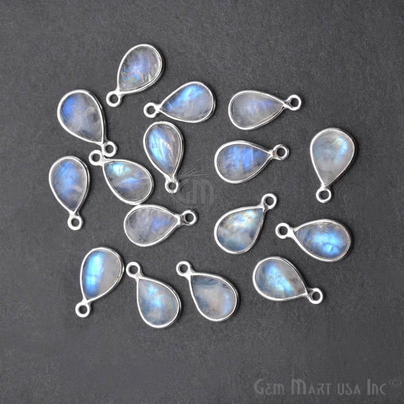 Moonstone Pears 8x12mm Silver Bezel Gemstone Cabochon Connector (Pick Bail) - GemMartUSA