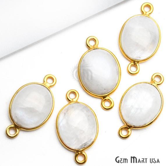 Oval Shape 10x12mm Rainbow Moonstone Gold Plated Cabochon Connector - GemMartUSA