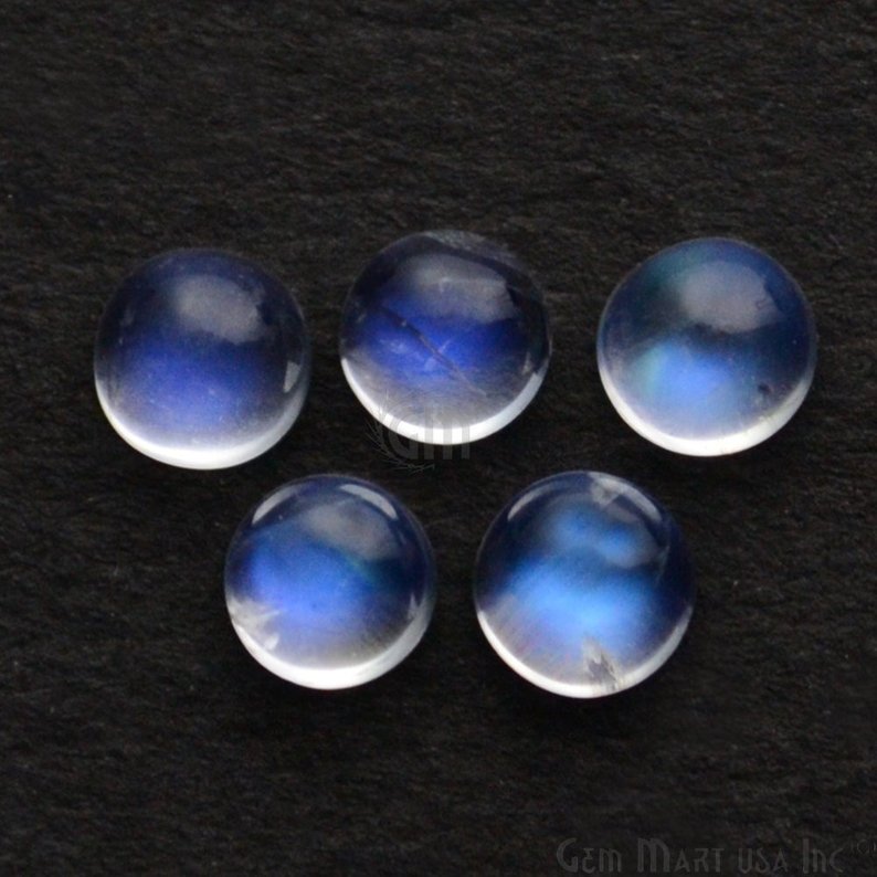 5pc Lot Rainbow Moonstone Blue Flash Cabochon 5mm Round June Birthstone Loose gemstones - GemMartUSA