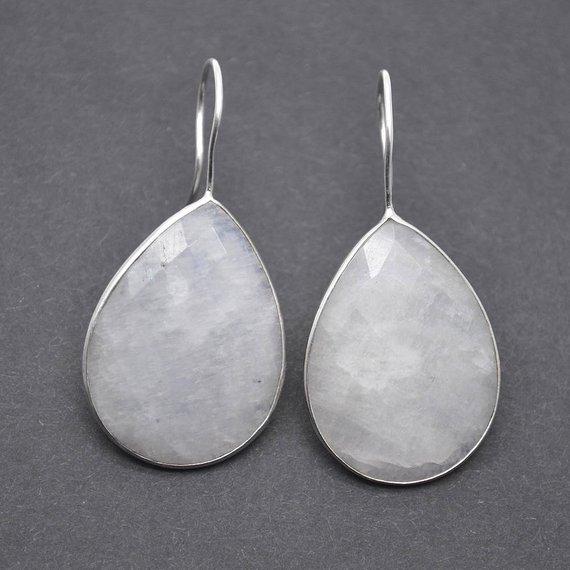 Rainbow Moonstone Silver Plated 30x22mm Pears Shape Gemstone Dangle Hook Earring (RMER-90222) - GemMartUSA