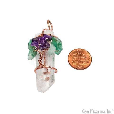 Crystal Pencil Point Pendant, Rough Gemstone, Rose Gold Plated, Tree of Life Wire Wrapped Necklace Pendant, 1.5-2Inch