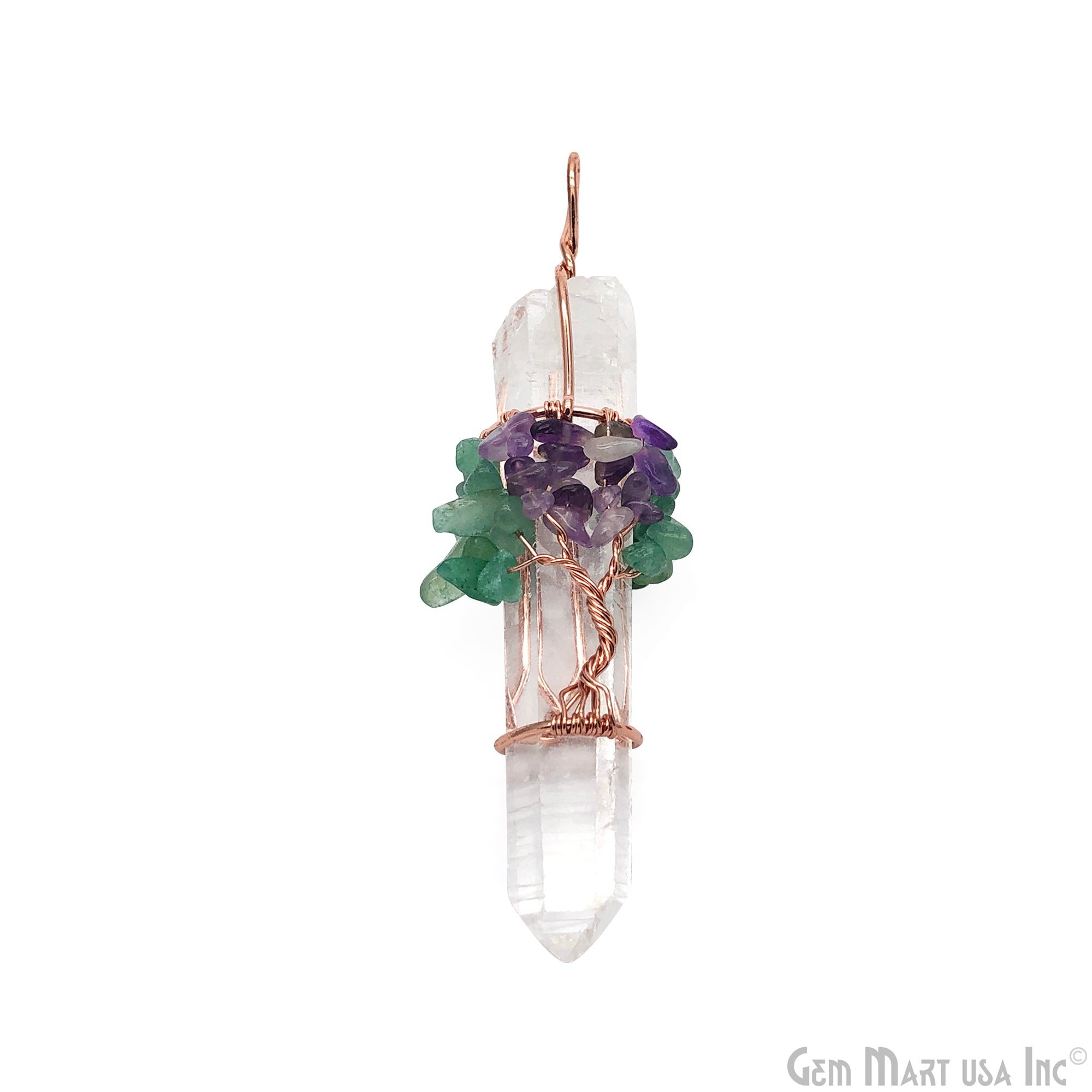Crystal Pencil Point Pendant, Rough Gemstone, Rose Gold Plated, Tree of Life Wire Wrapped Necklace Pendant, 2.5-3Inch