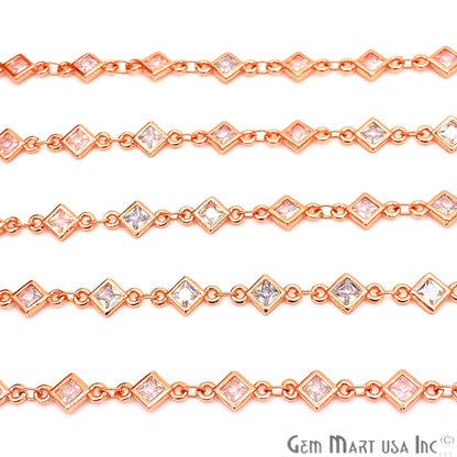 White Zircon Rhombus Shape 5.5mm Rose Gold Plated Continuous Connector Chain - GemMartUSA