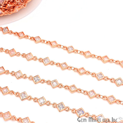 White Zircon Rhombus Shape 5.5mm Rose Gold Plated Continuous Connector Chain - GemMartUSA