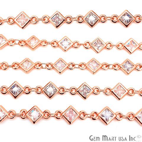 White Zircon Rhombus Shape 5.5mm Rose Gold Plated Continuous Connector Chain - GemMartUSA