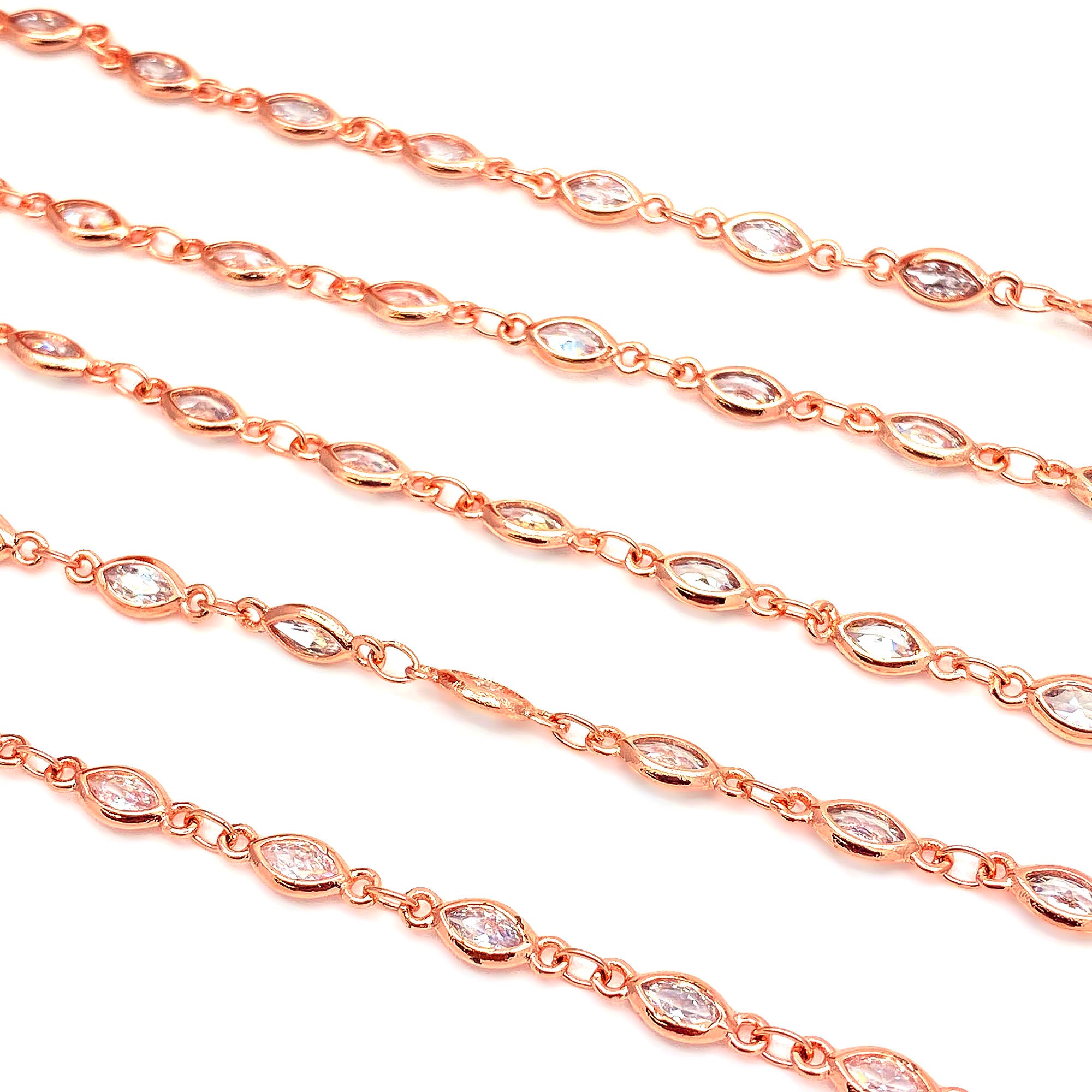 White Zircon Marquise Shape 6.5x3.5mm Rose Gold Plated Continuous Connector Chain - GemMartUSA