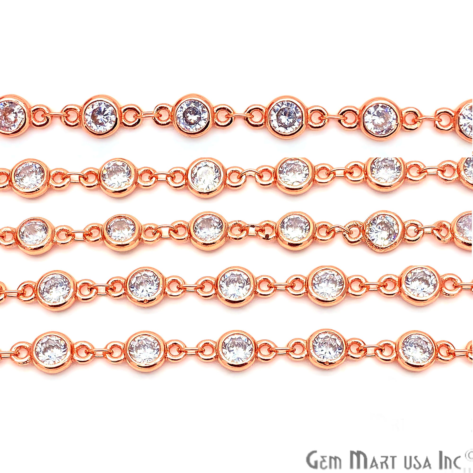 White Zircon Round Shape 5.5mm Rose Gold Plated Continuous Connector Chain - GemMartUSA