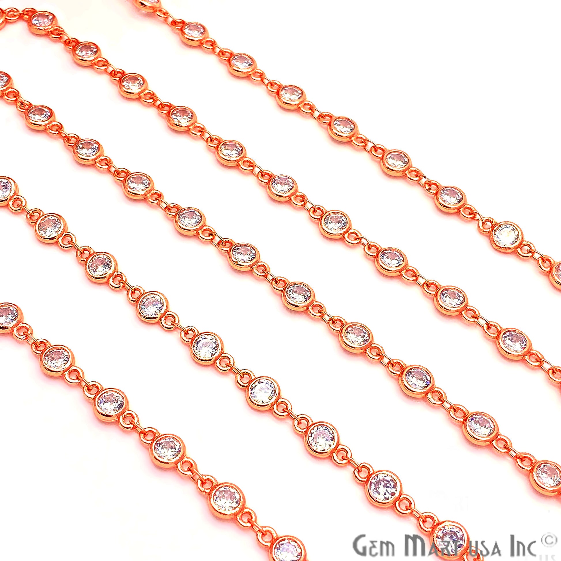 White Zircon Round Shape 5.5mm Rose Gold Plated Continuous Connector Chain - GemMartUSA