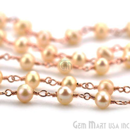 Pink Pearl 4mm Beaded Rose Gold Plated Wire Wrapped Rosary Chain