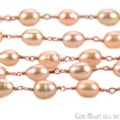 Pink Pearl 5x7mm Rose Gold Plated Wire Wrapped Rosary Chain
