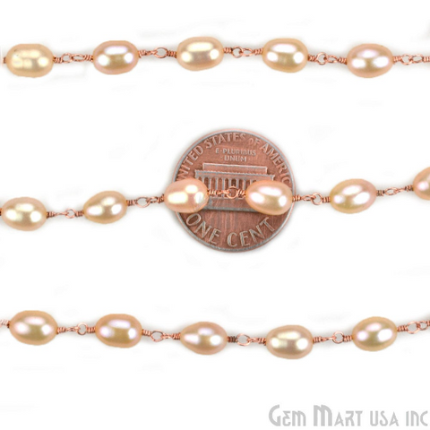 Pink Pearl 5x7mm Rose Gold Plated Wire Wrapped Rosary Chain