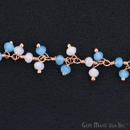 White & Blue Chalcedony Faceted Beads Rose Gold Plated Dangle Rosary Chain (764185116719)