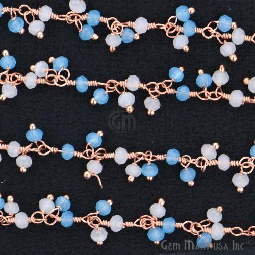 White & Blue Chalcedony Faceted Beads Rose Gold Plated Dangle Rosary Chain (764185116719)