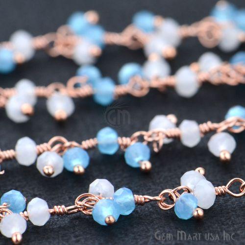 White & Blue Chalcedony Faceted Beads Rose Gold Plated Dangle Rosary Chain (764185116719)