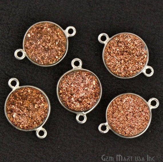 Natural Titanium Silver Druzy 12mm Round Double Bail Bezel Gemstone Connector