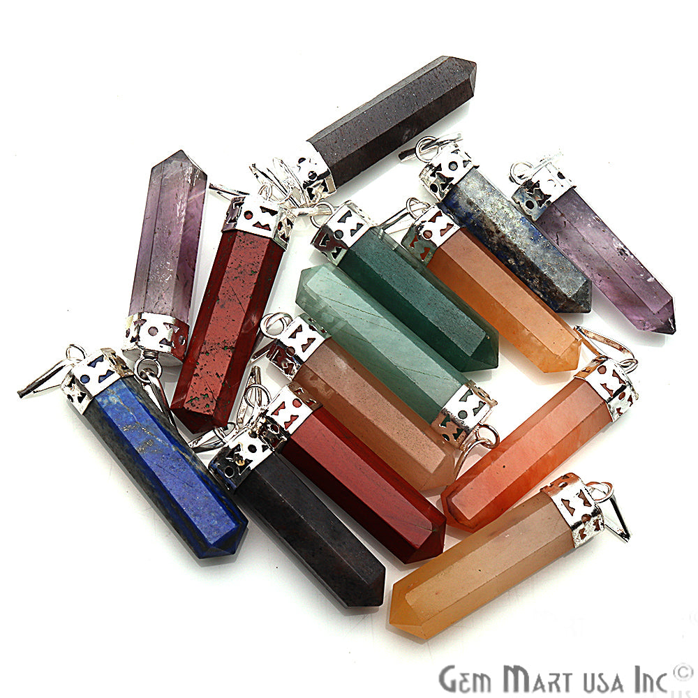 7pc Lot DIY 7 Chakra Healing Crystal Silver Plated 44x9mm Pencil Pendant - GemMartUSA