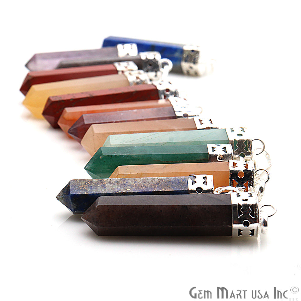 7pc Lot DIY 7 Chakra Healing Crystal Silver Plated 44x9mm Pencil Pendant - GemMartUSA