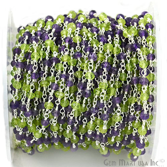 Amethyst With Peridot 3-3.5mm Silver Plated Wire Beads Rosary Chain