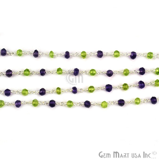 Amethyst With Peridot 3-3.5mm Silver Plated Wire Beads Rosary Chain