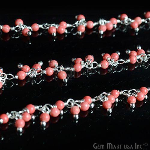 Red Coral Cluster Beads Silver Wire Wrapped Dangle Rosary Chain (764187312175)